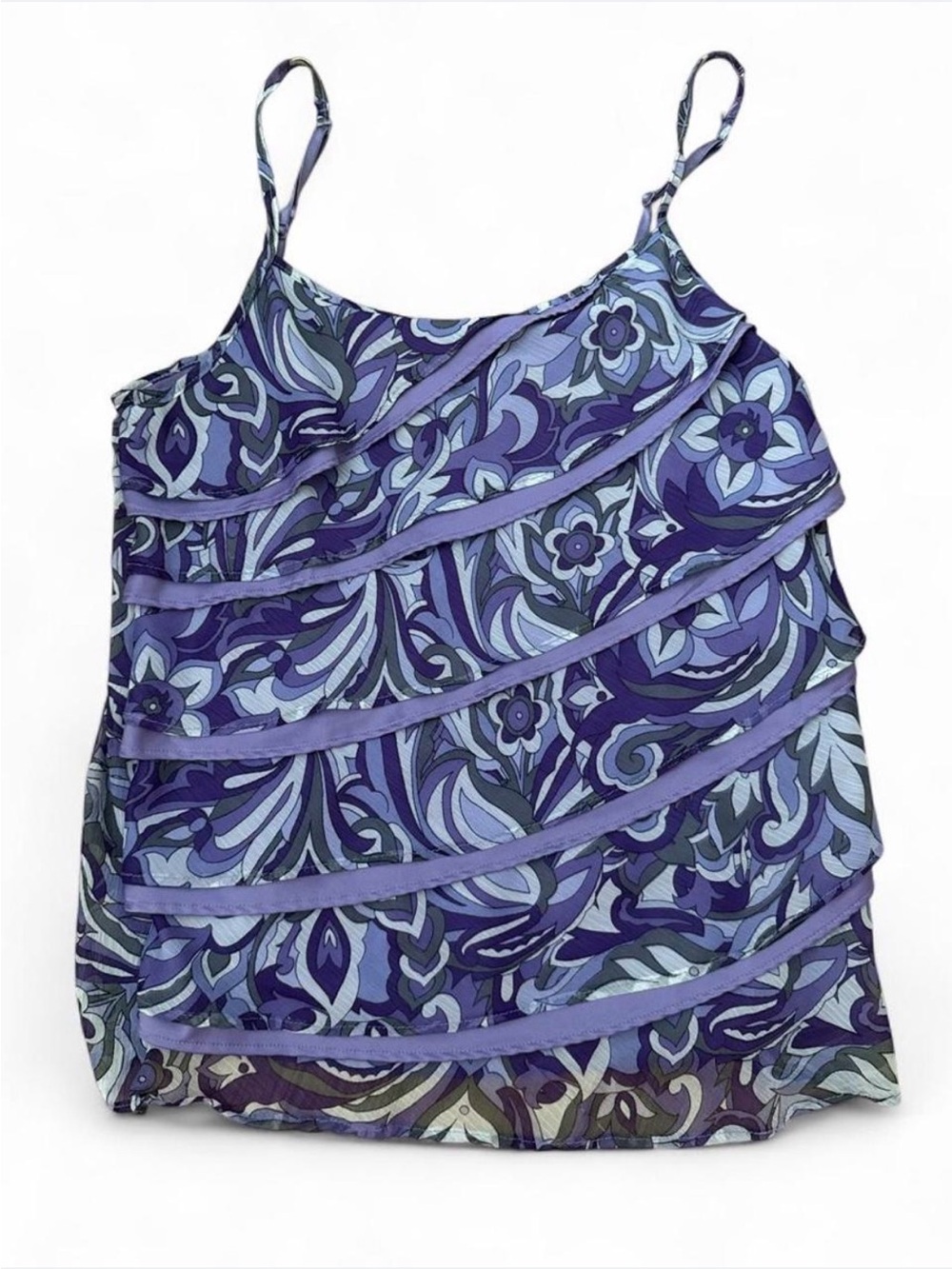 Women's Purple Paisley Ruffle Tiered Spaghetti Strap Top Size XS